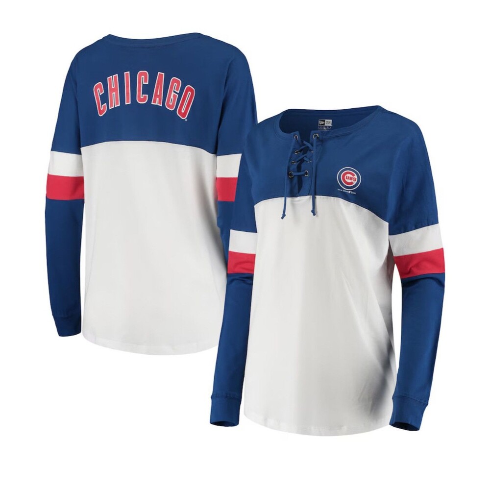 Chicago Cubs Shirt Blue White  lace up Long Sleeve New Era Size Large Womens - Picture 3 of 13